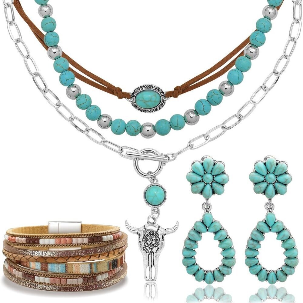 Western Jewelry Set for Women Turquoise Dangle Earrings Necklace Bracelet